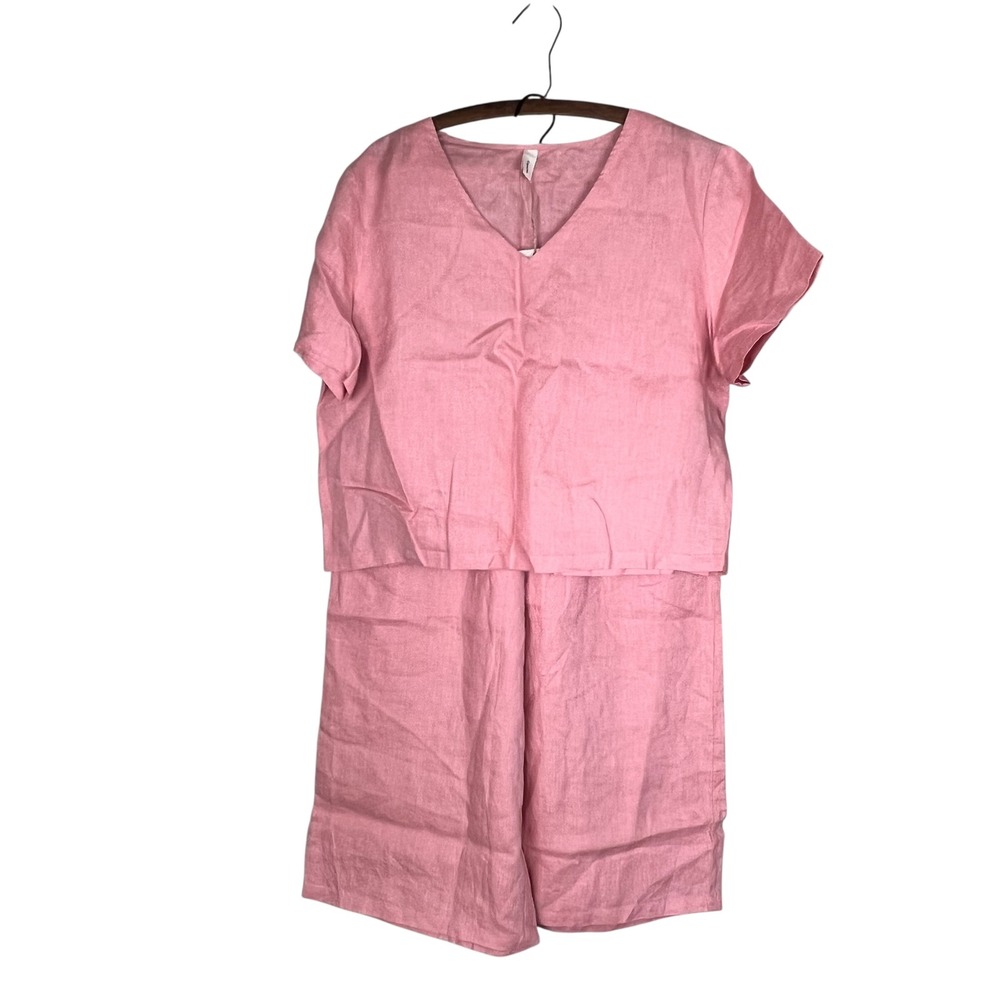 Grae Cove Pink Linen Two Piece Set V-Neck Short Sleeve Top & Wide Leg Pants L